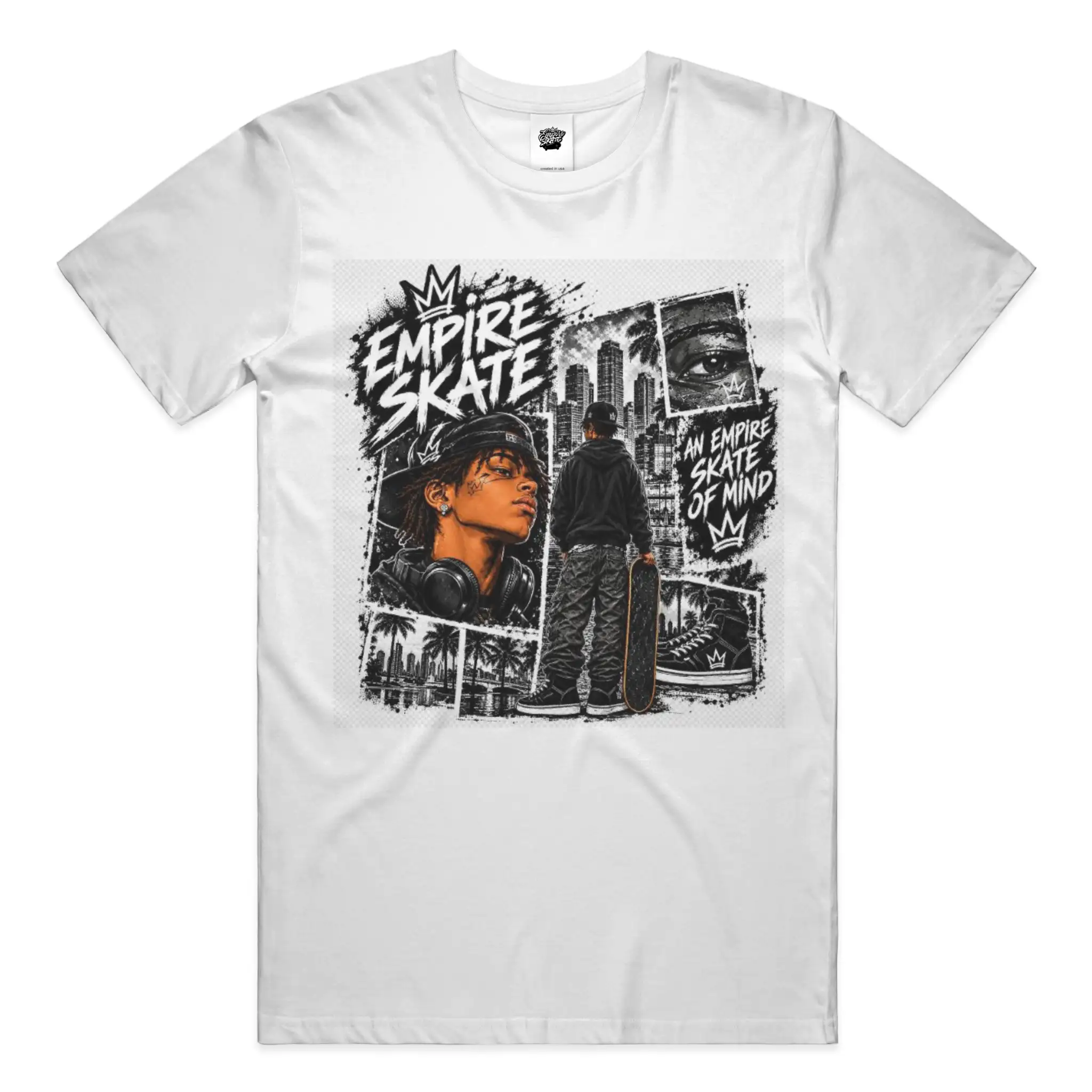 A white short-sleeve crewneck t-shirt featuring a large black and white graphic print on the front with the text 'EMPIRE SKATE' and street-style illustrations and our slogan An Empire Skate of Mind